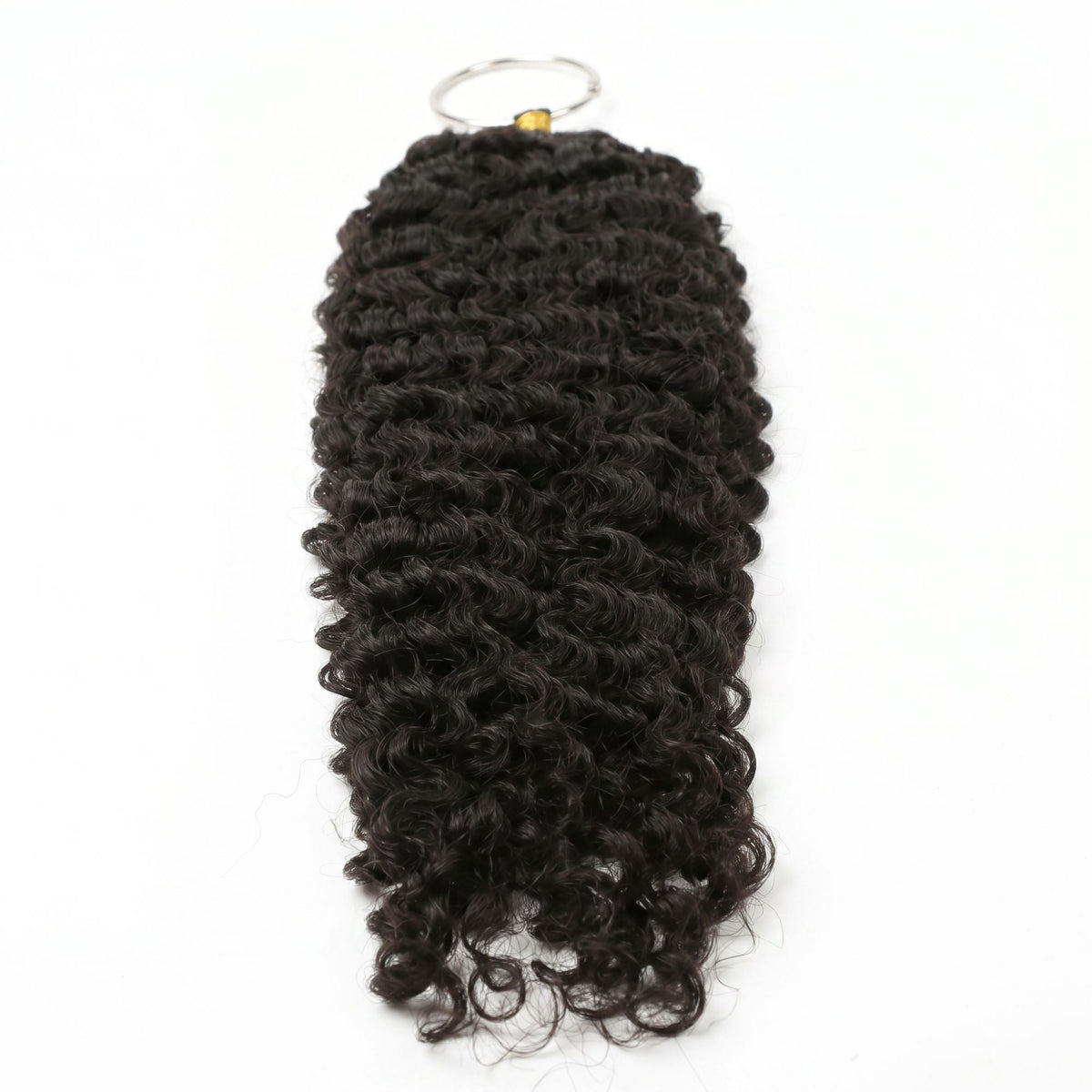 Bundle of natural black curly crochet hair extensions hanging vertically from its metal ring on a white background