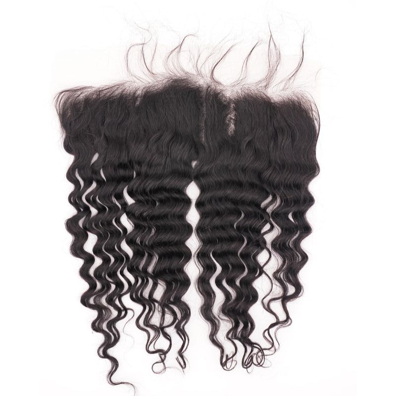 Hair Extensions - Deep Wave 13x4 HD Lace Frontal - Natural Black (1B) - frontal piece laid flat showing wave pattern