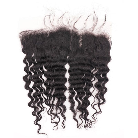 Hair Extensions - Deep Wave 13x4 HD Lace Frontal - Natural Black (1B) - frontal piece laid flat showing wave pattern