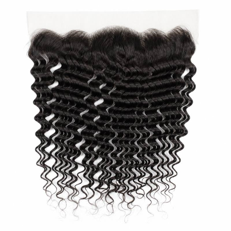 13x4 HD lace frontal laid flat on a white background showing the deep wave pattern of the natural black hair extensions