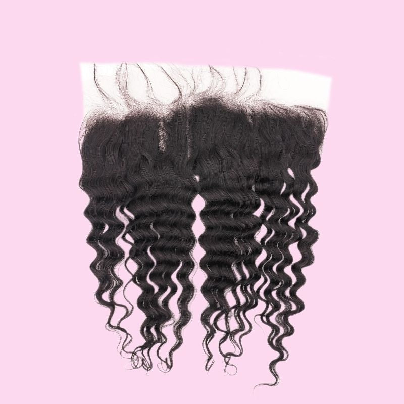 13x4 HD lace frontal on a pink background with the natural black deep wave hair extensions separated into strands