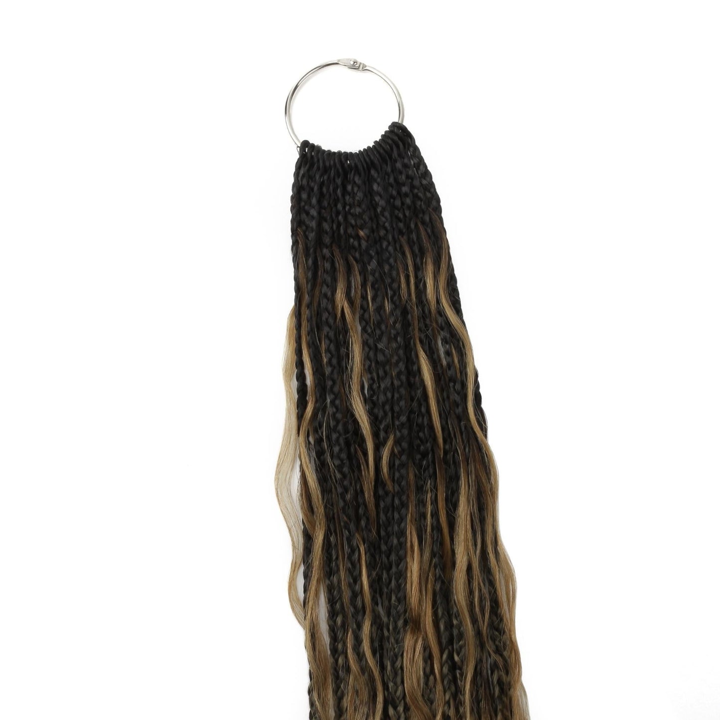 Honey Blonde Ombre Deep Wave Boho Braids with Human Hair Blend - close-up on metal ring, braid tops