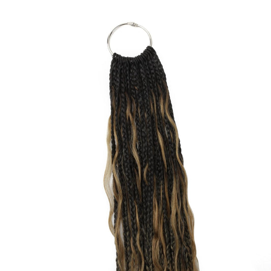 Honey Blonde Ombre Deep Wave Boho Braids with Human Hair Blend - close-up on metal ring, braid tops