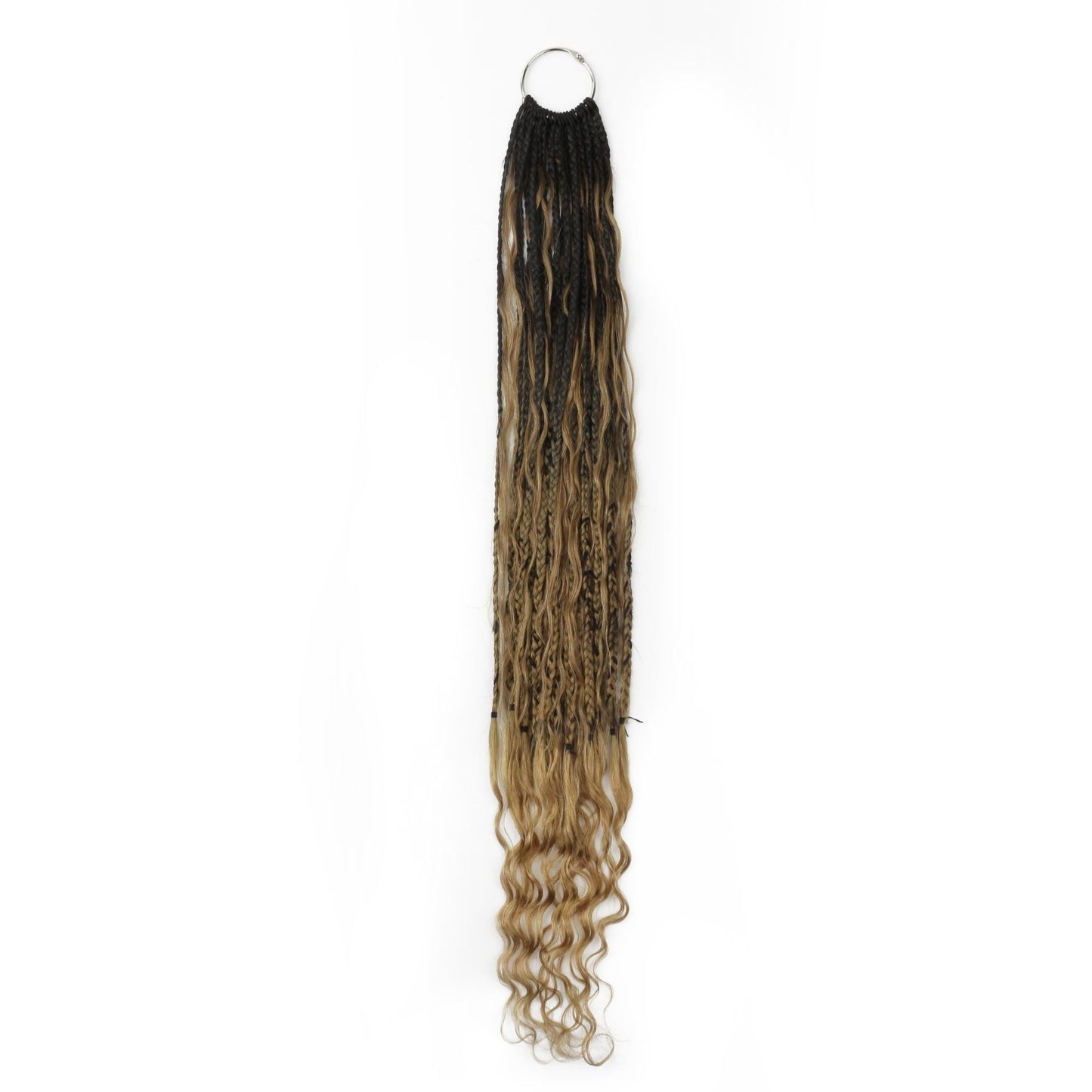 Honey Blonde Ombre Deep Wave Boho Braids with Human Hair Blend - full length on metal ring, curly ends