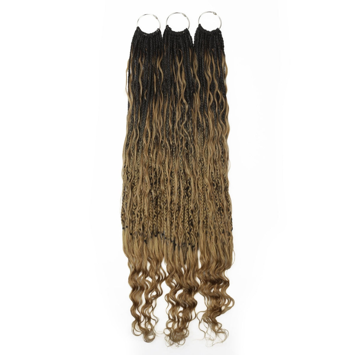 Three packs of honey blonde ombre boho braid hair extensions hanging from metal rings with deep wave ends on a white background