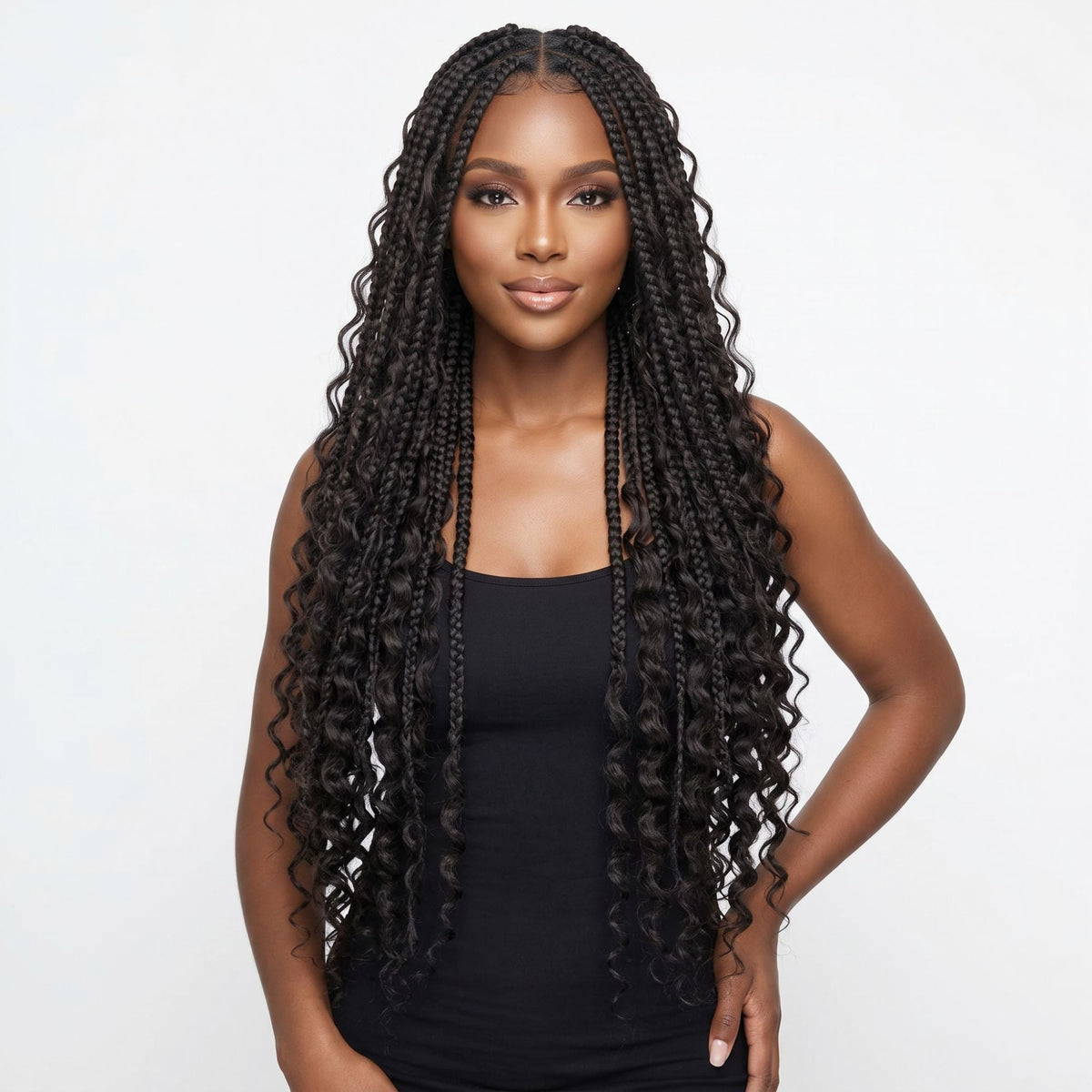 Model wearing natural black boho braids with deep wave curly ends made from braid hair extensions, front view on a white background