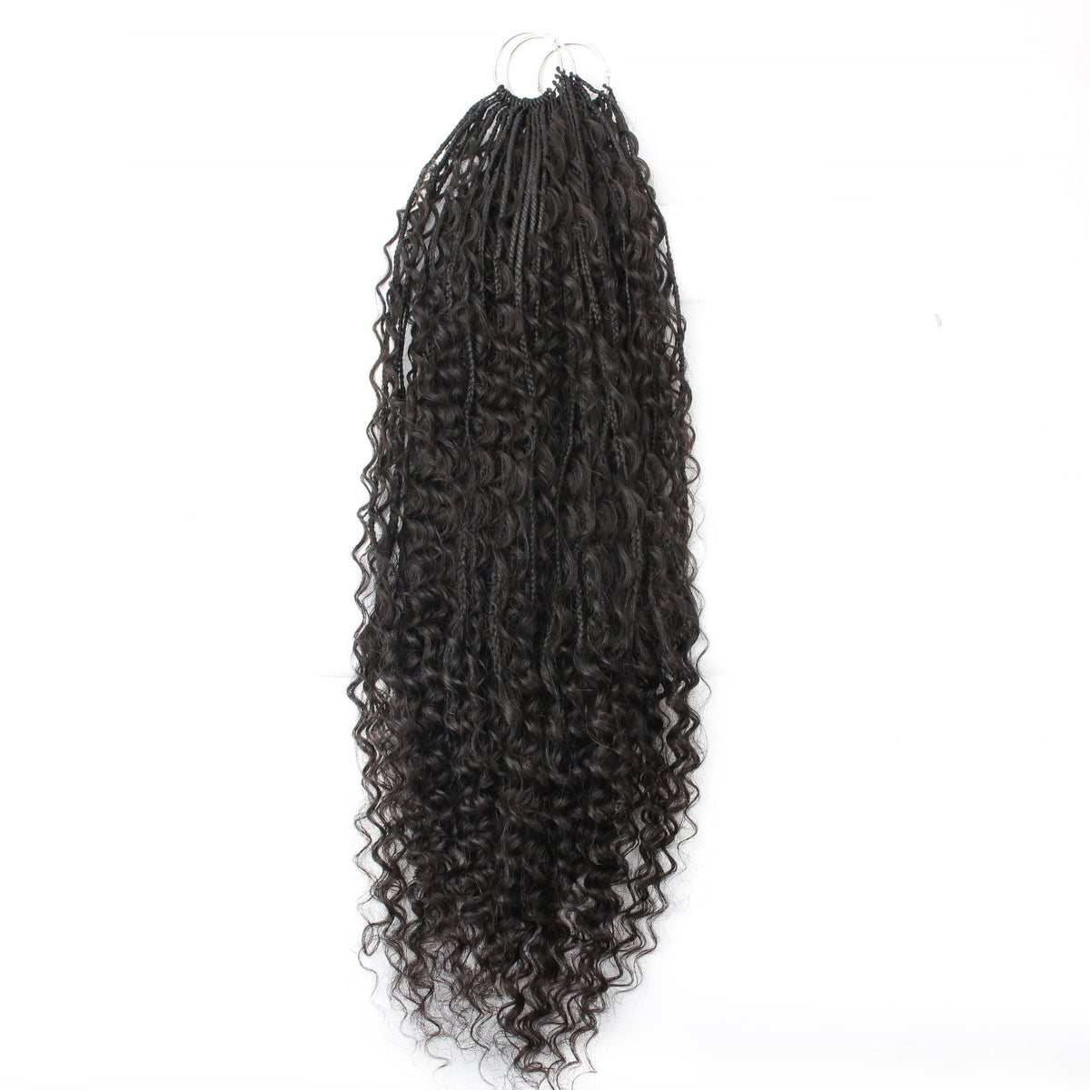 Packs of natural black boho braid hair extensions hanging from metal rings showing the braided roots and deep wave curly ends