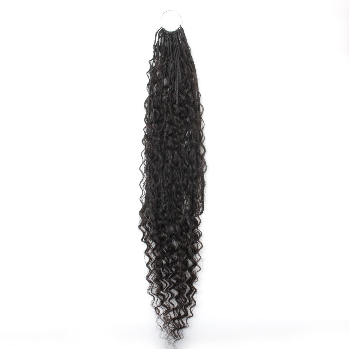 Single pack of natural black boho braid hair extensions hanging from one metal ring with deep wave ends running the full length