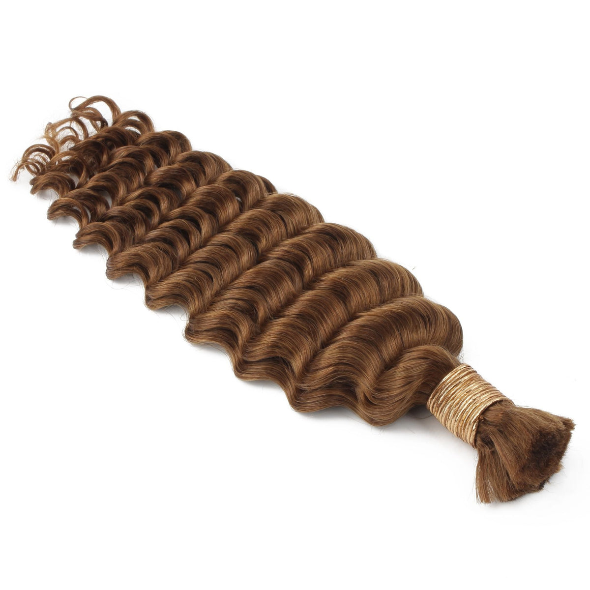 Bundle of auburn deep wave bulk braiding hair extensions spread across white showing the full wave pattern and gold thread tie