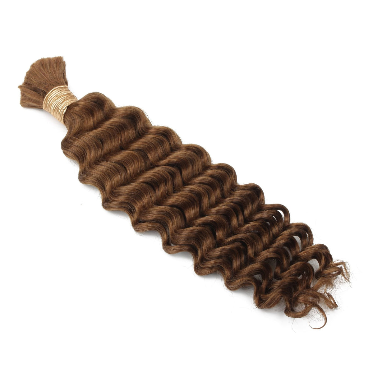 Single bundle of auburn deep wave bulk braiding hair extensions laid diagonally on white with the gold thread tie at the root