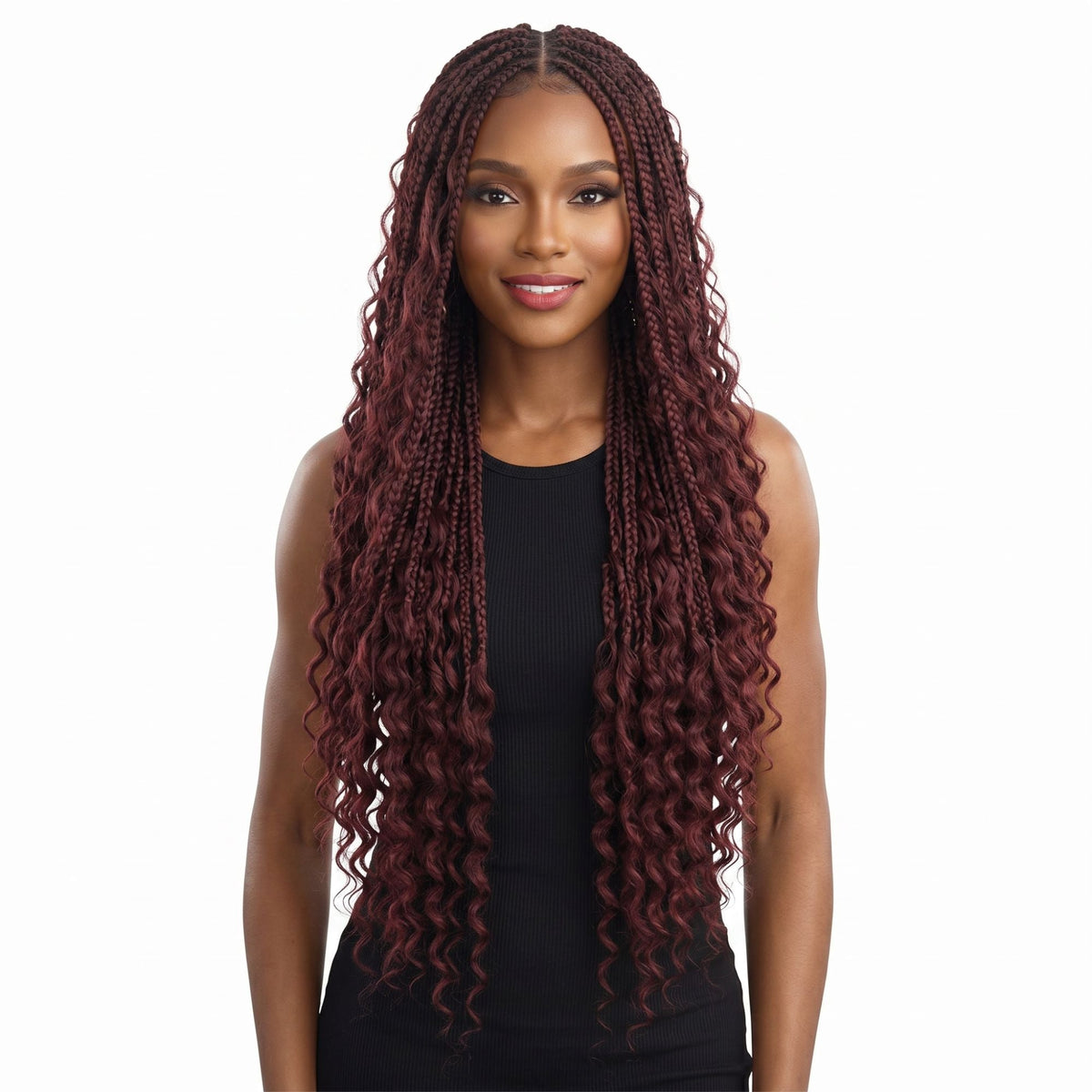 Model wearing burgundy boho braids with deep wave ends made from bulk braiding hair extensions, front view on a white background