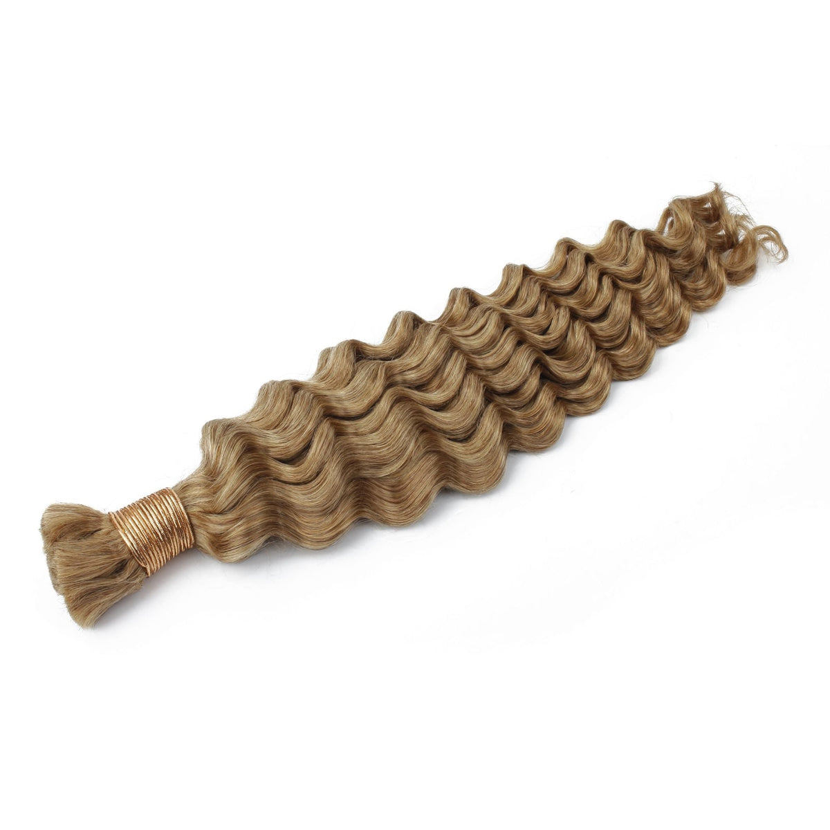 Honey blonde deep wave bulk braiding hair extensions laid at an angle on white with the gold thread wrap at the bound end