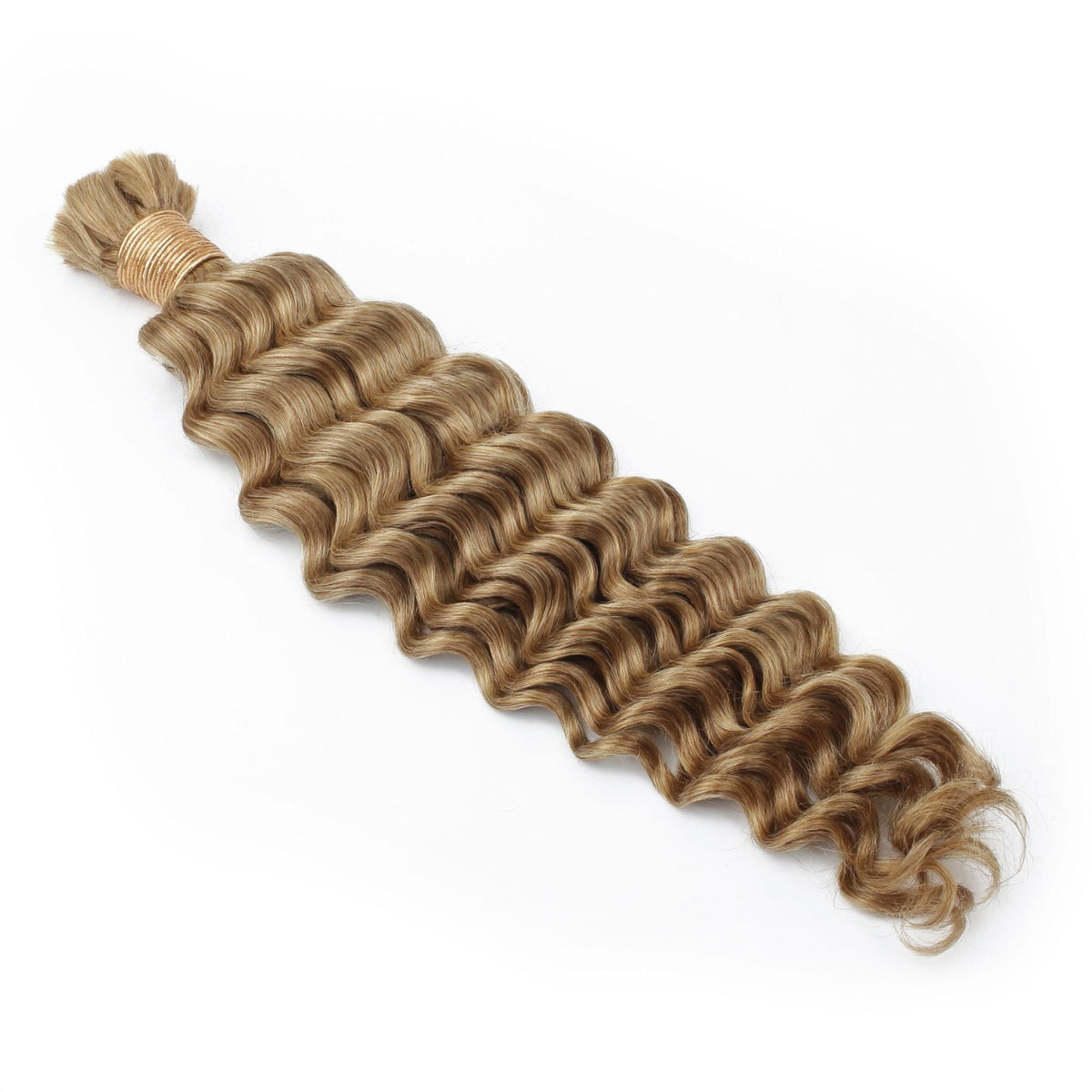 Single bundle of honey blonde deep wave bulk braiding hair extensions laid flat on white showing the thread wrapped top and wave pattern