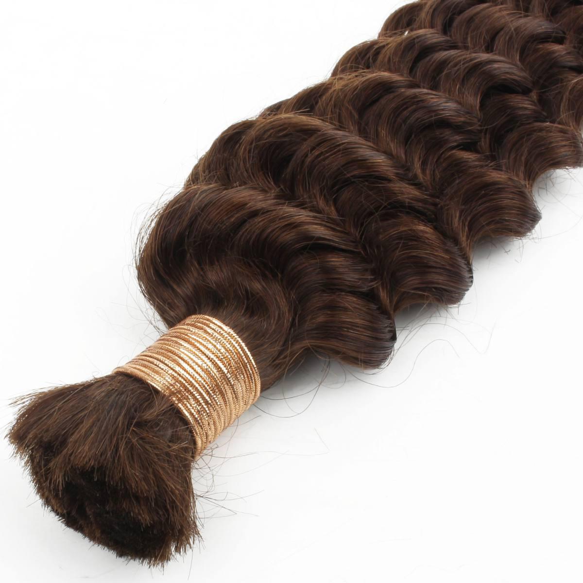 Hair Extensions - Deep Wave Bulk Human Braiding Hair - Medium Brown (4) - bundle top and wave detail close-up