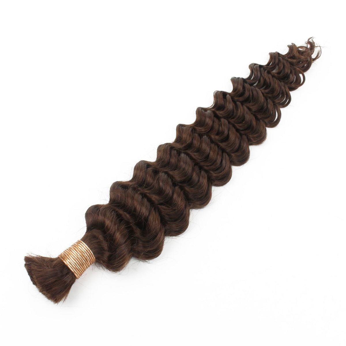 Medium brown deep wave bulk braiding hair extensions laid diagonally on a white background showing the gold thread wrap and open cut end