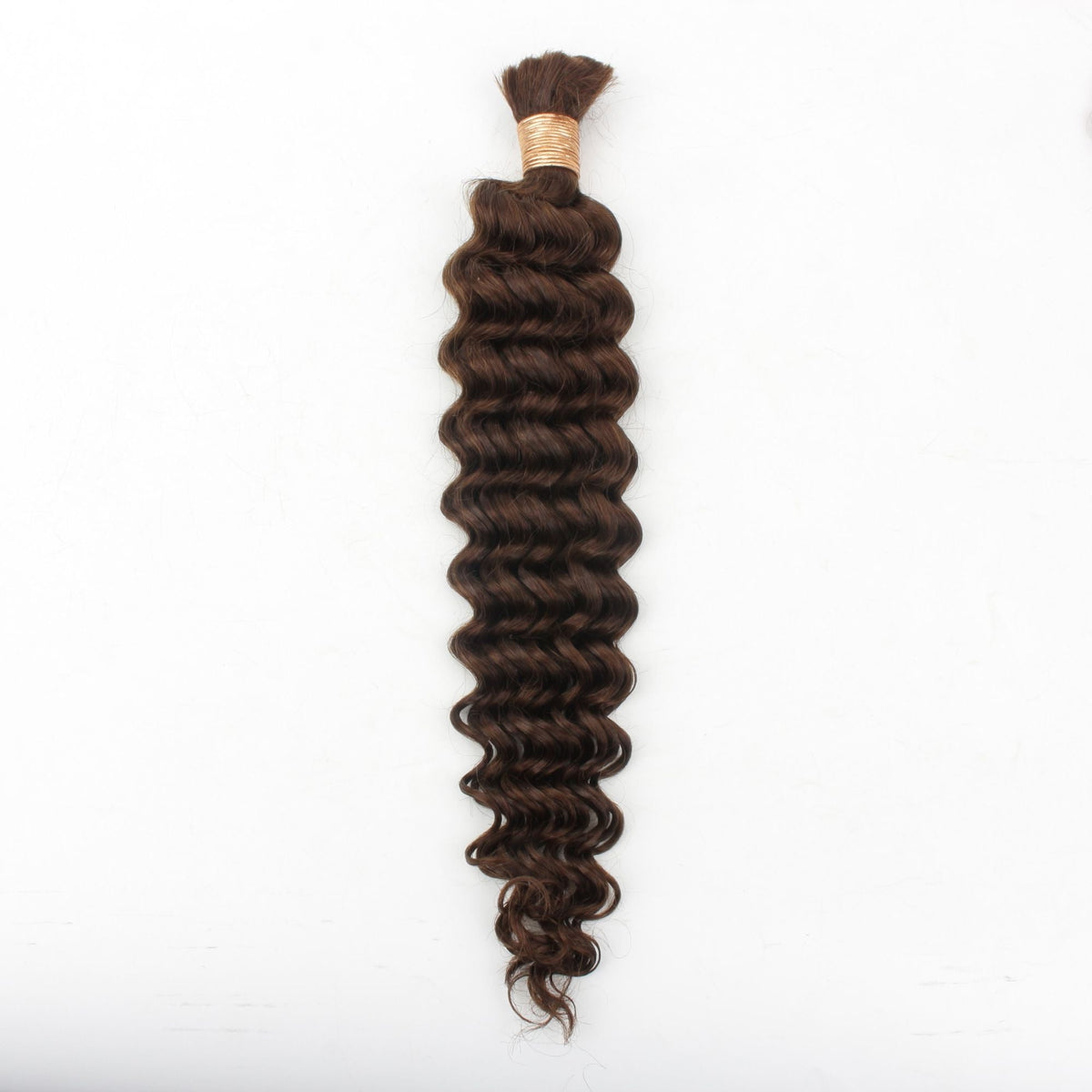 Medium brown deep wave bulk braiding hair extensions hanging vertically on a white background with a gold thread wrap at the bound end