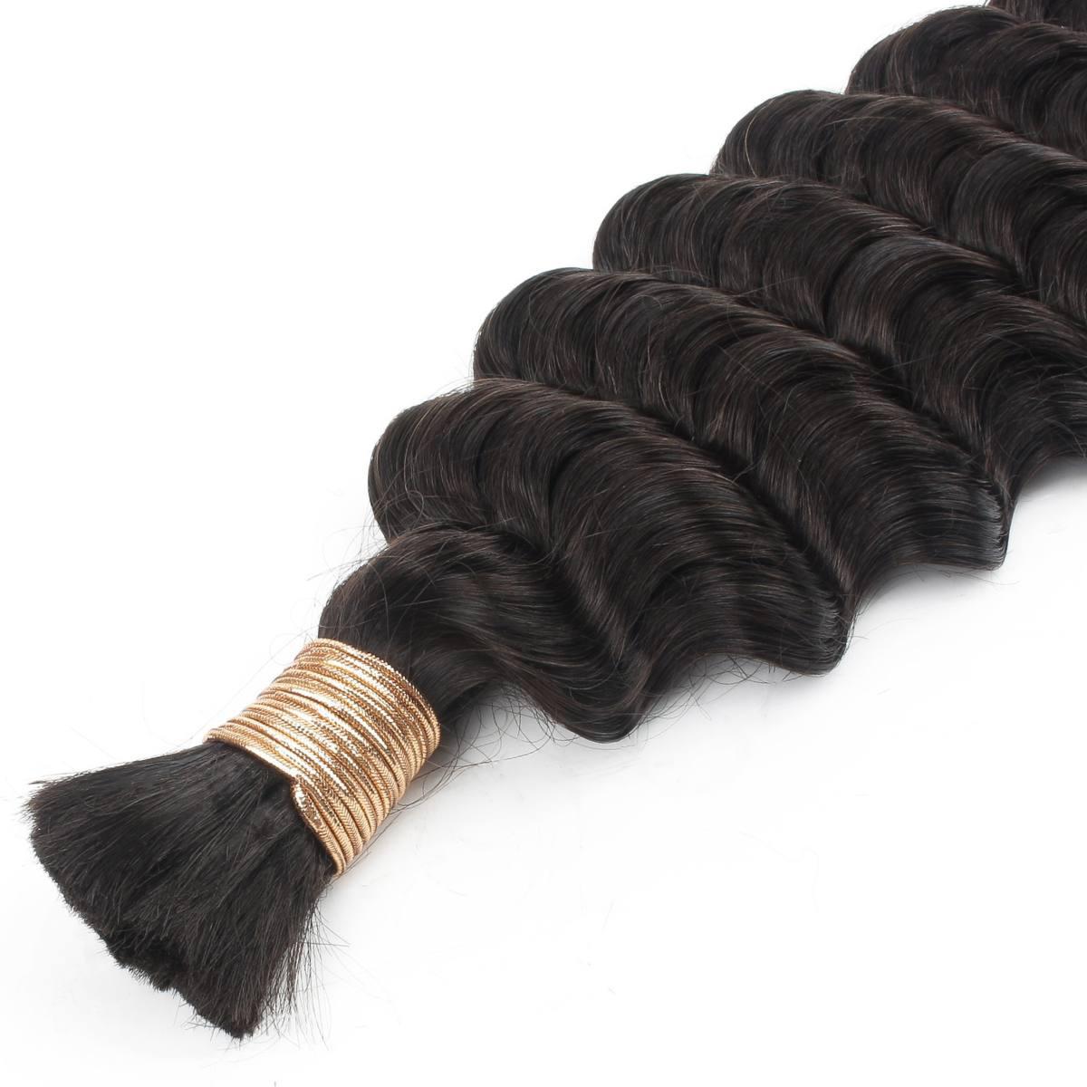 Hair Extensions - Deep Wave Bulk Human Braiding Hair - Natural Black (1B) - bundle top and wave detail close-up
