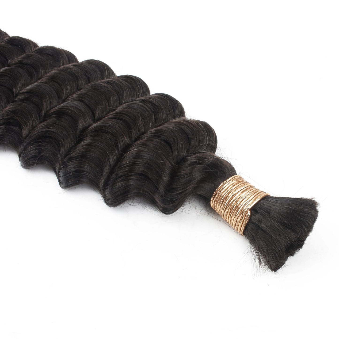 Close-up of the gold thread wrap on a bundle of natural black deep wave bulk braiding hair extensions with the cut end fanned out