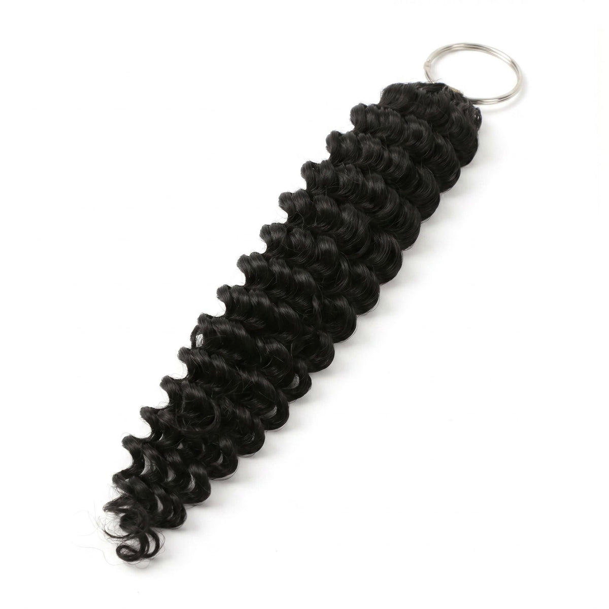 Natural black deep wave feather crochet hair extensions laid flat on white with the pre looped end held on a metal ring