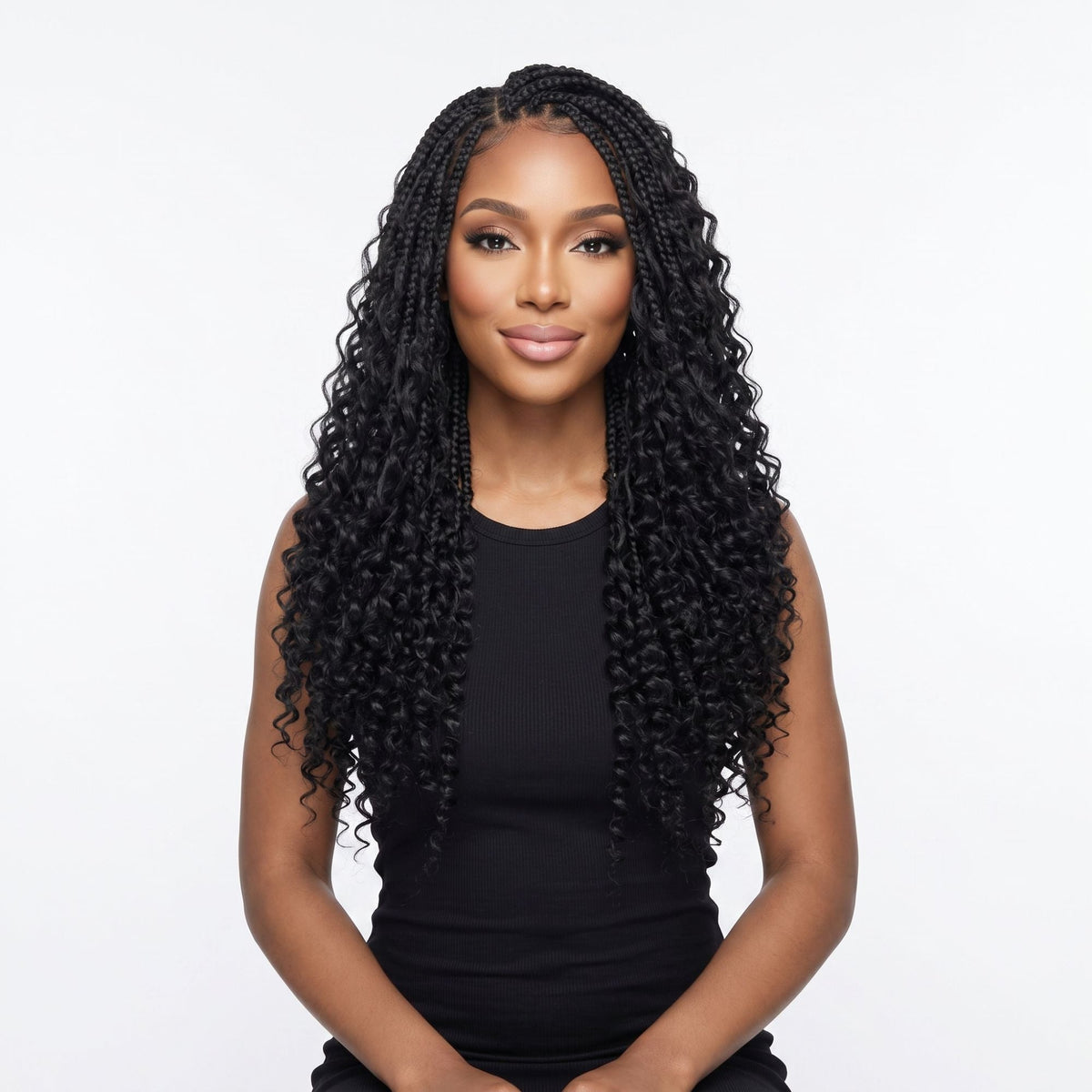 Model wearing natural black deep wave feather crochet hair extensions in boho braids with loose curly ends on a white background