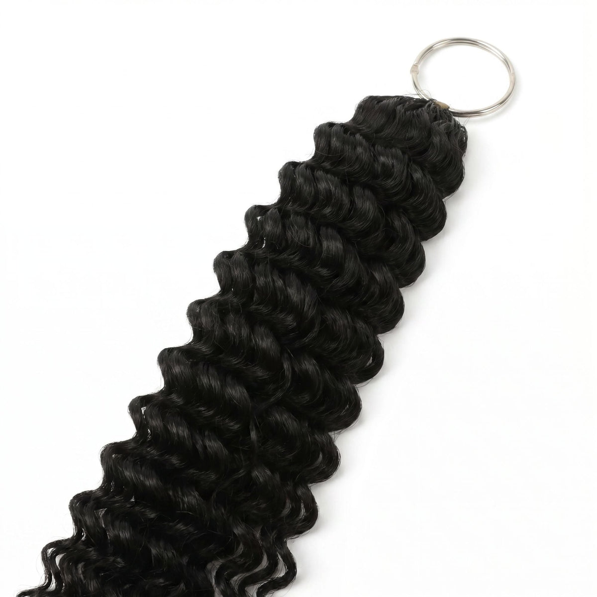 Close-up of the metal ring and looped attachment end on natural black deep wave feather crochet hair extensions