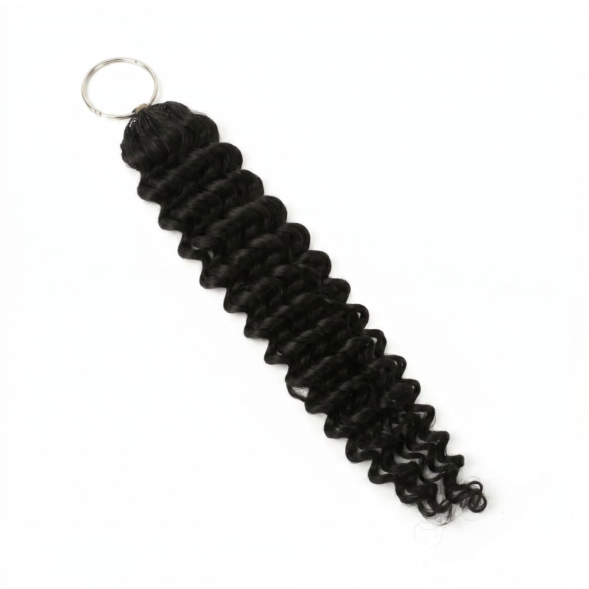 Natural black deep wave feather crochet hair extensions laid flat on white with the looped end held on a metal ring