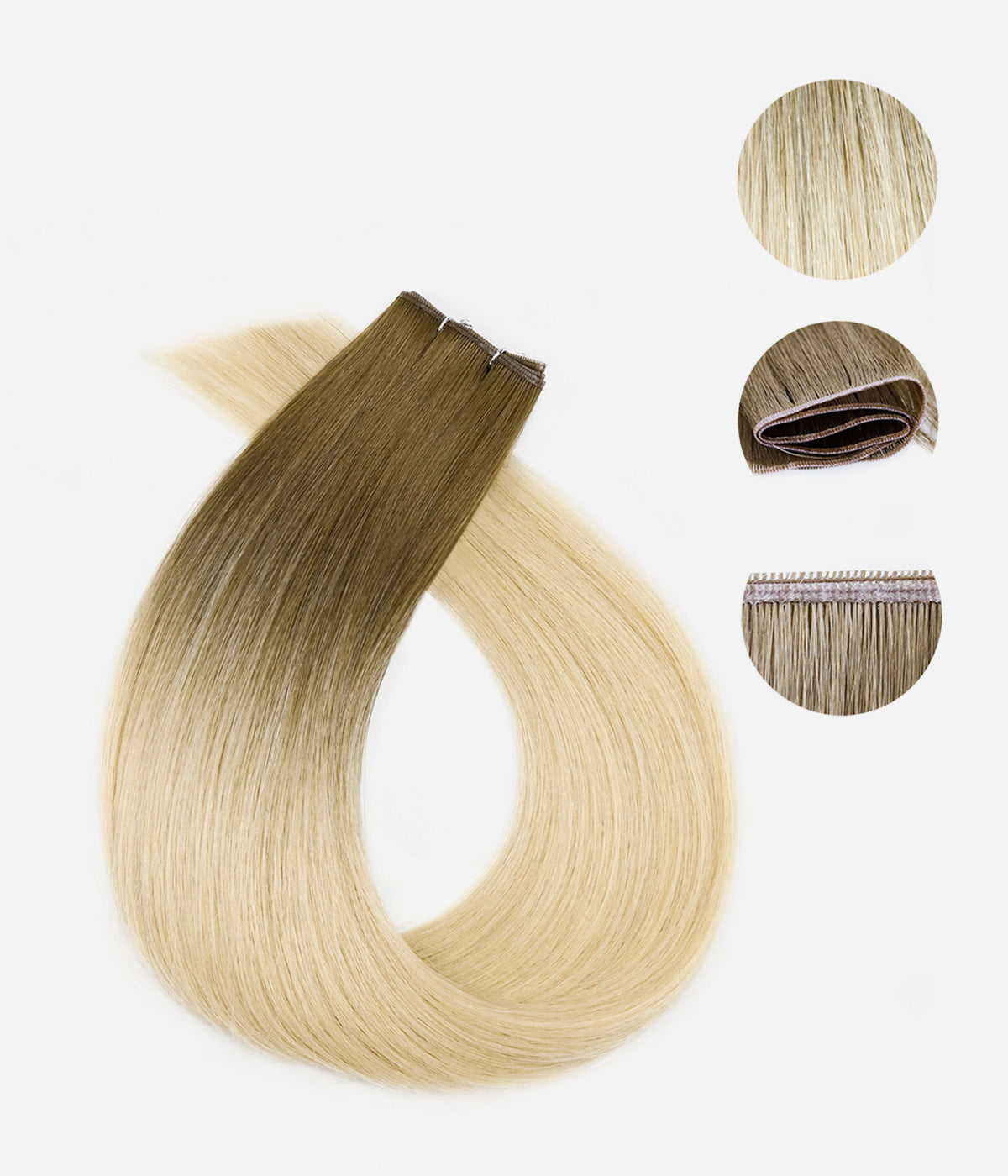 Genius Weft - 100% Virgin Remy Human Hair Extensions - main product display showing genius weft with texture closeup insets