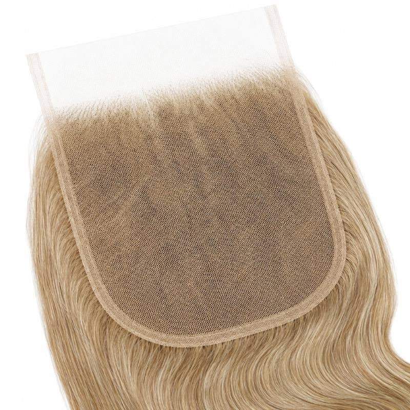 Underside of the HD lace base on honey blonde body wave closure hair extensions showing the hairline knots and bound edge