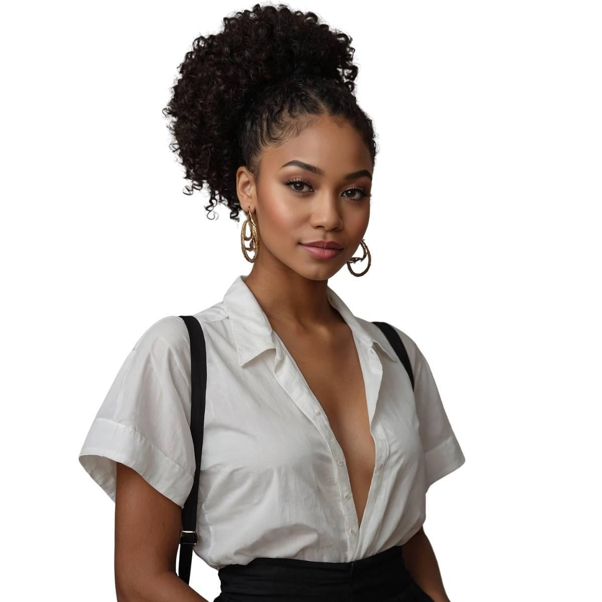 Jerry Curl Ponytail - Woman wearing jerry curl natural black 1B human hair ponytail in a high curly updo, front view with hoop earrings