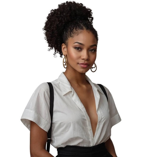 Jerry Curl Ponytail - Woman wearing jerry curl natural black 1B human hair ponytail in a high curly updo, front view with hoop earrings