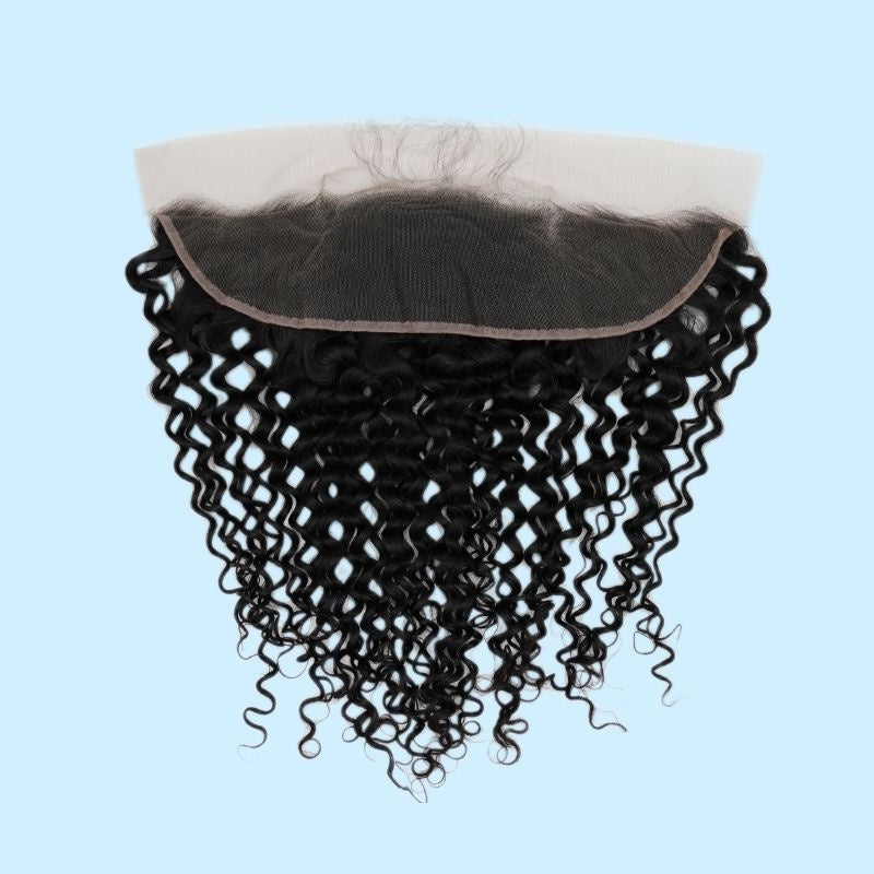 Natural black kinky curly transparent lace frontal hair extensions shown on a pale blue background with the lace base facing up