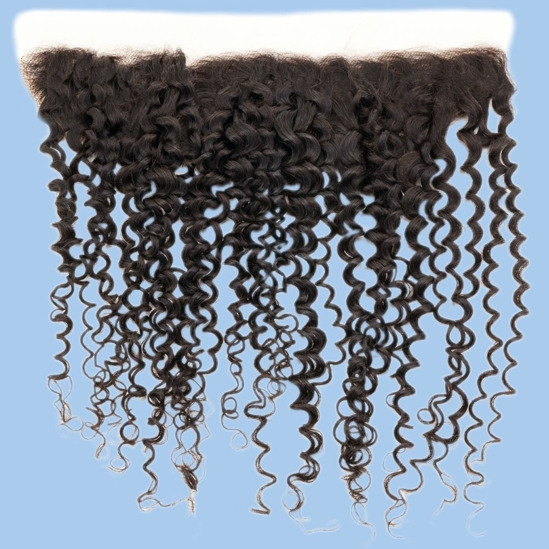 Natural black kinky curly transparent lace frontal hair extensions displayed on a blue background showing the lace strip and coiled curls