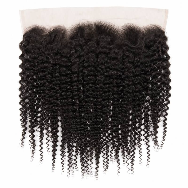 Natural black kinky curly transparent lace frontal hair extensions laid flat on white showing the lace strip and tight coiled curls