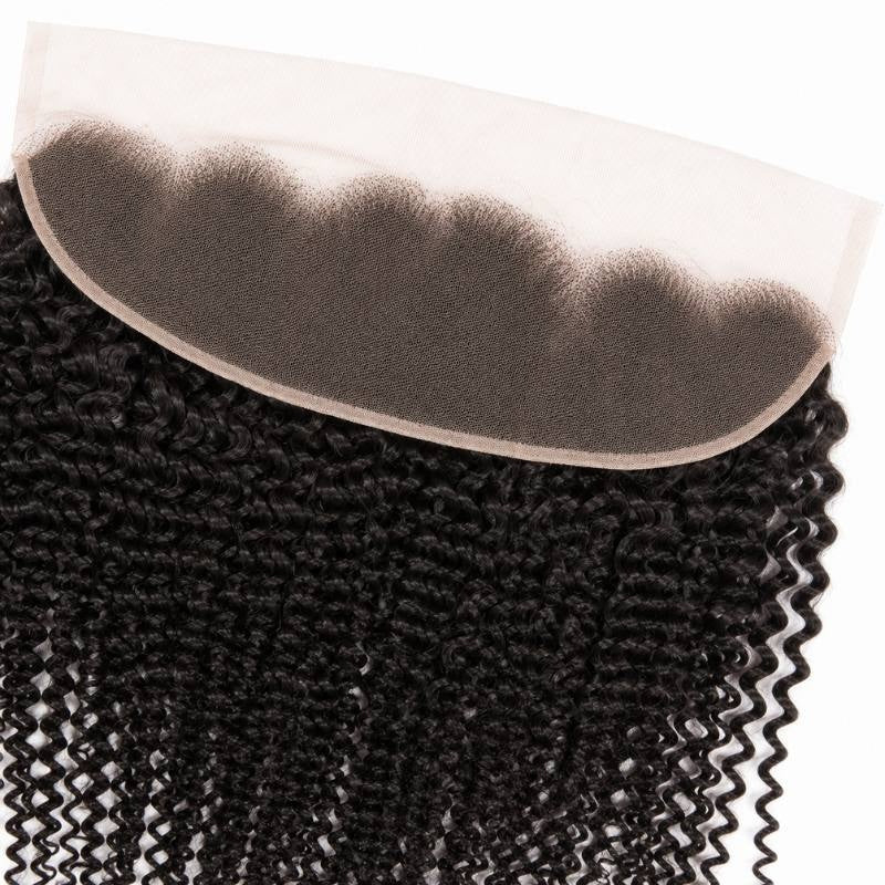 Underside of the transparent lace on natural black kinky curly frontal hair extensions showing the scalloped hairline and bound edge