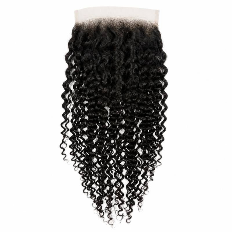 Natural black kinky curly HD lace closure hair extensions laid flat on white showing the lace panel and the coiled curl pattern