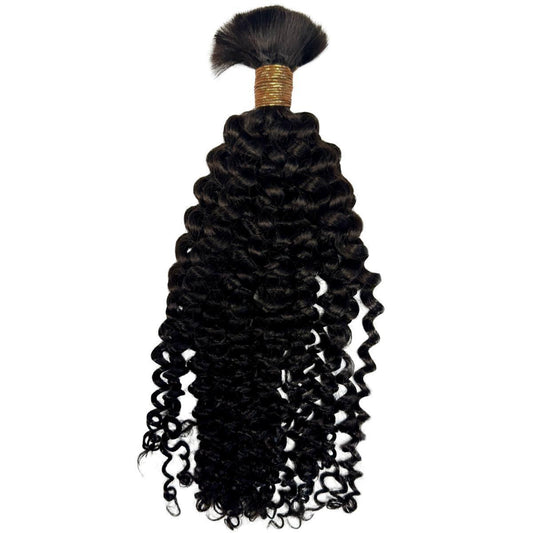 Hair Extensions - Kinky Curly Bulk Human Braiding Hair - Natural Black (1B) - full bundle length display