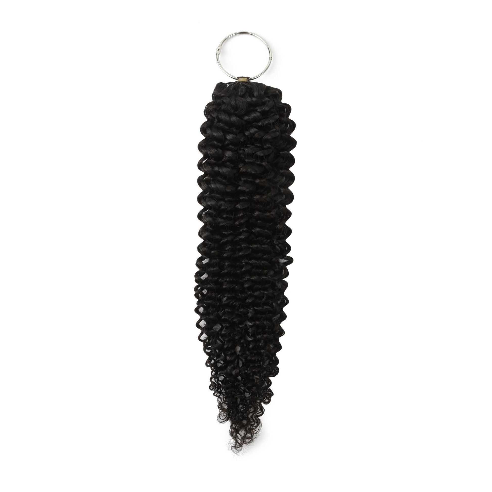 20" Kinky Curly Feather Crochet - full length on display ring