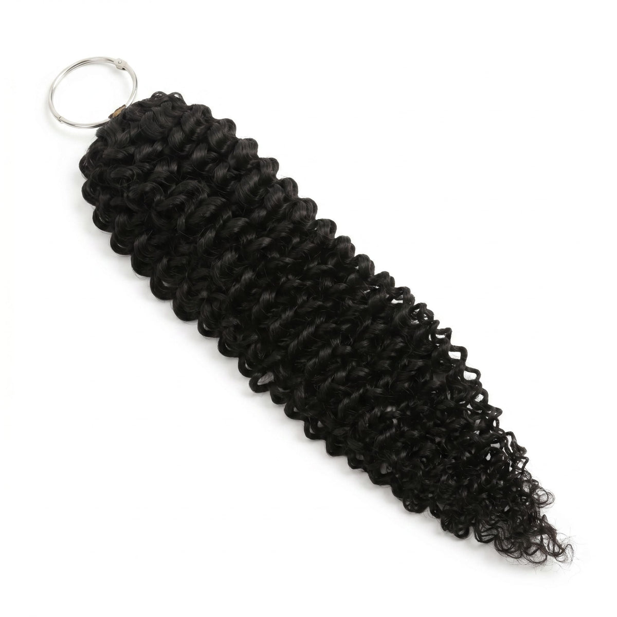 Natural black kinky curly feather crochet hair extensions laid diagonally on white showing the metal ring and coiled curl pattern