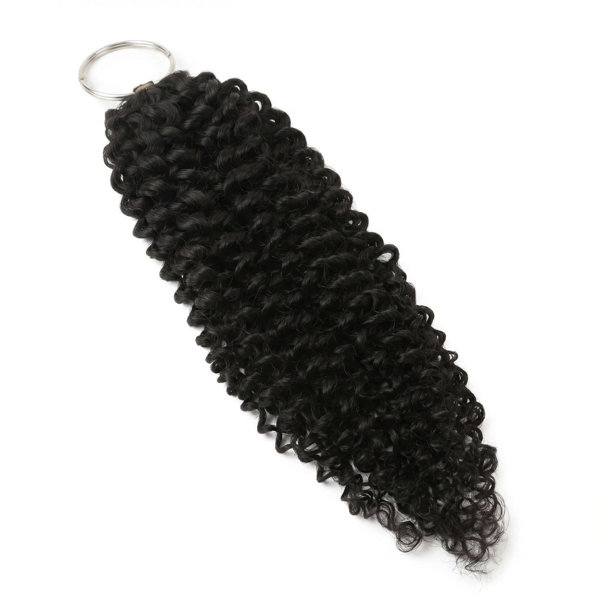Natural black kinky curly feather crochet hair extensions laid flat on white with the looped end held on a metal ring