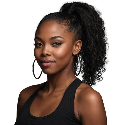 Kinky Curly Ponytail - Model wearing natural black 1B kinky curly ponytail extension in a high ponytail, side profile view, mid-back length curls