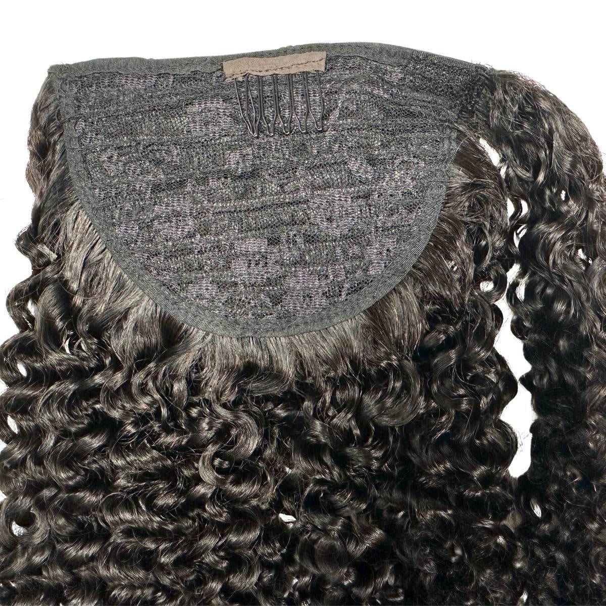 Kinky Curly Ponytail - Back of natural black 1B kinky curly ponytail showing mesh cap base and secure insertion comb