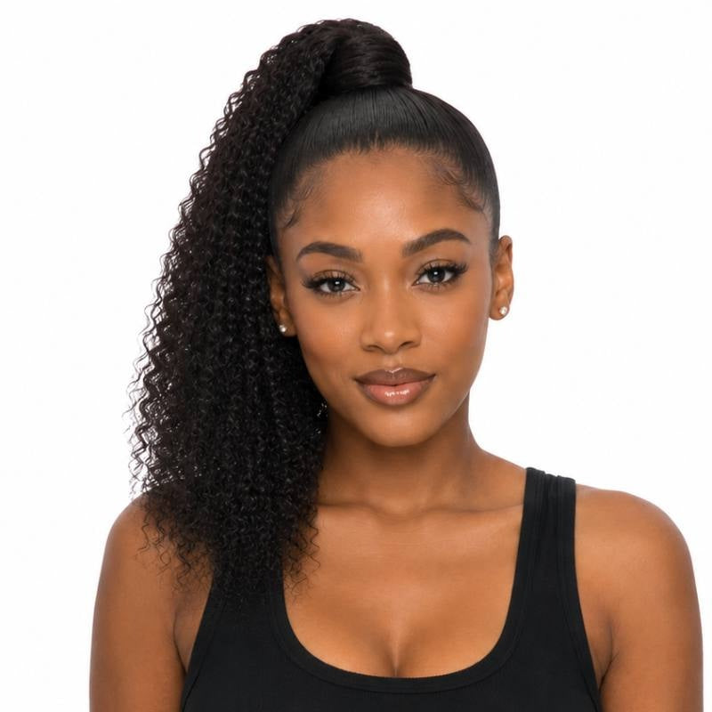 Model wearing natural black kinky curly ponytail hair extensions in a high ponytail with a wrapped base and smooth pulled back front