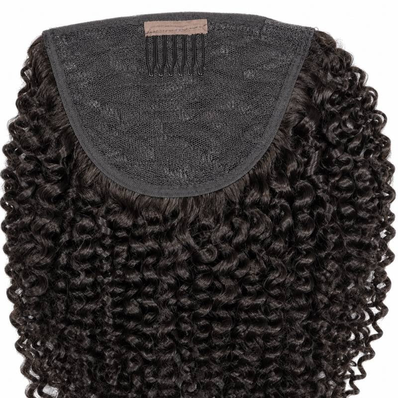 Interior of the wrap on natural black kinky curly ponytail hair extensions showing the mesh panel with a comb at the top edge