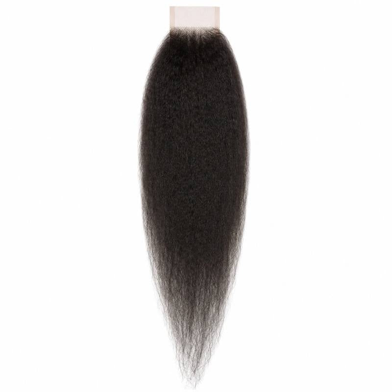 Natural black kinky straight HD lace closure hair extensions laid flat on white with the narrow lace panel above the textured strands