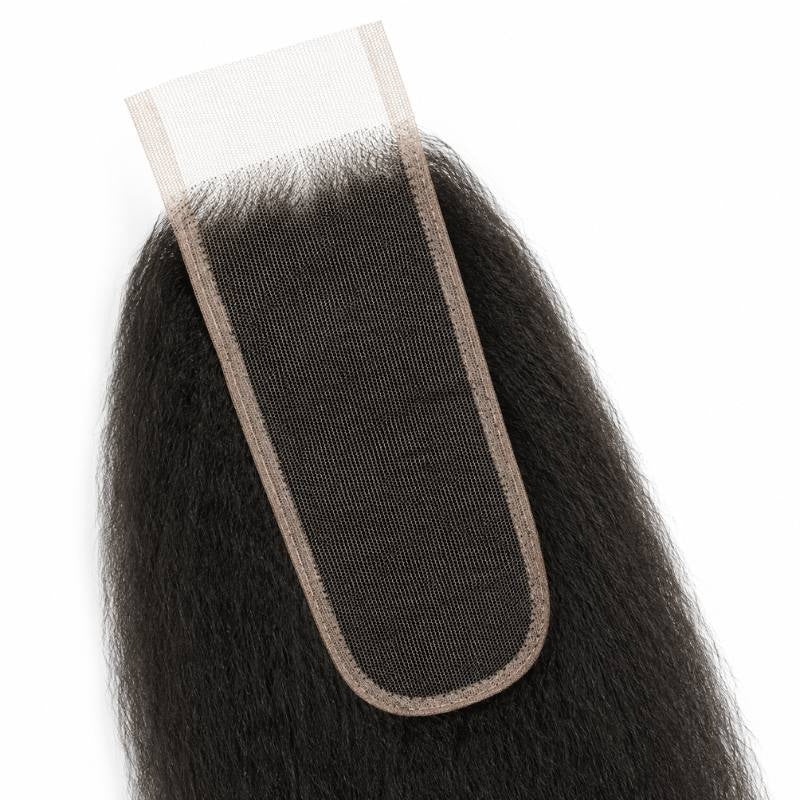Underside of the narrow HD lace base on natural black kinky straight closure hair extensions showing the hairline knots and bound edge