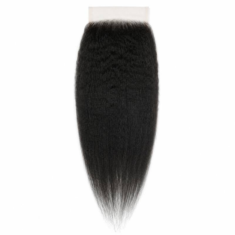 Natural black kinky straight HD lace closure hair extensions laid flat on white showing the lace panel above the kinky straight strands