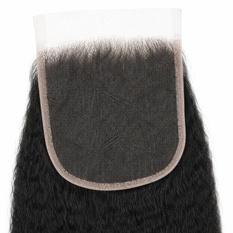 Underside of the square HD lace base on natural black kinky straight closure hair extensions showing the hairline knots and bound edge