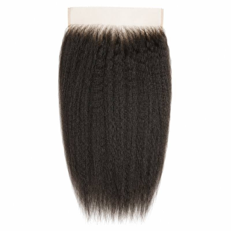 Natural black kinky straight HD lace closure hair extensions laid flat on white showing the lace panel and the straight textured strands