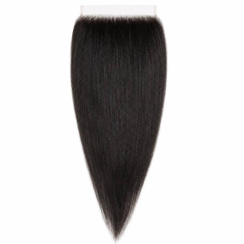 Natural black kinky straight HD lace closure hair extensions laid flat on white showing the wide lace panel and strands tapering to a point