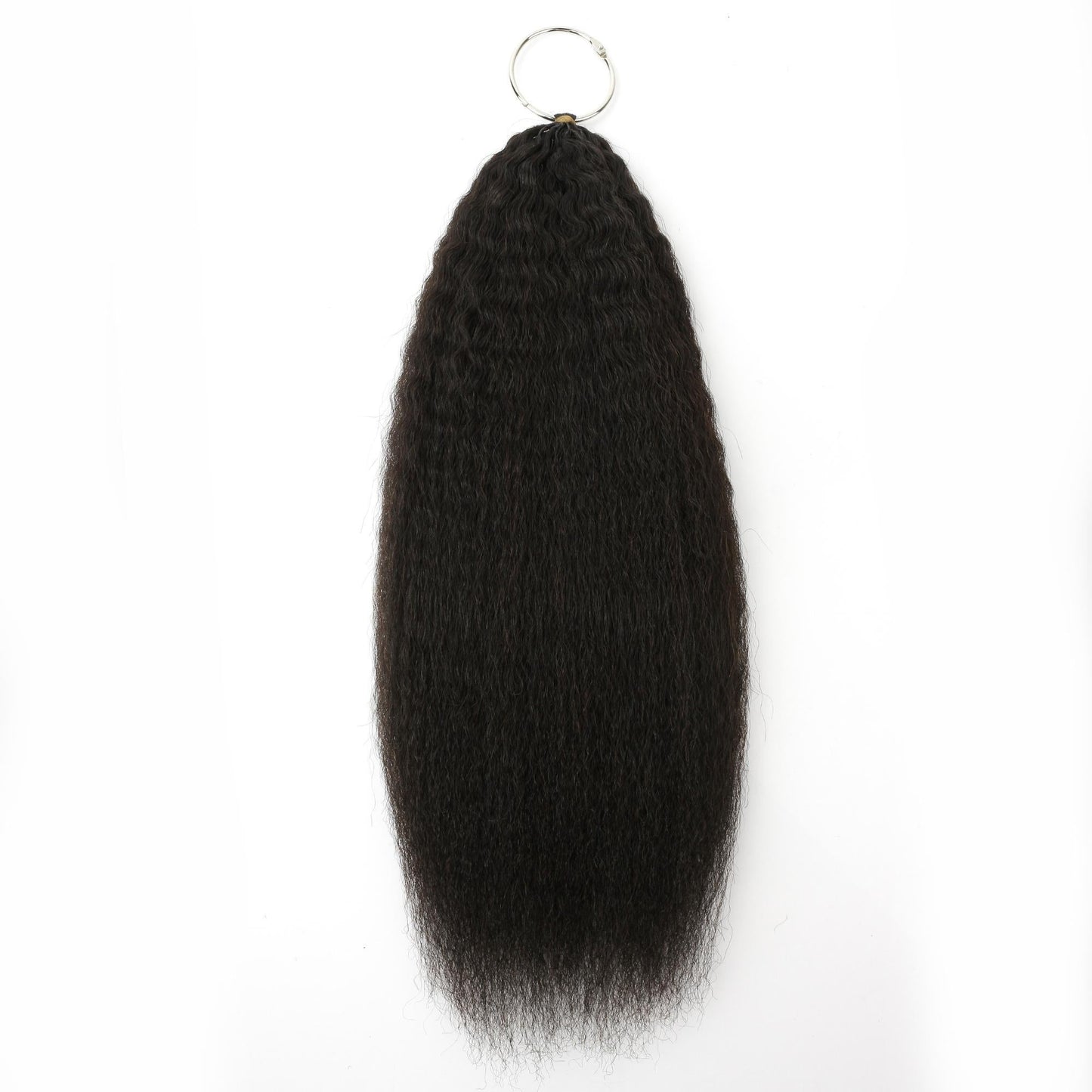 16" Kinky Straight Feather Crochet - bundle hung from ring, full length